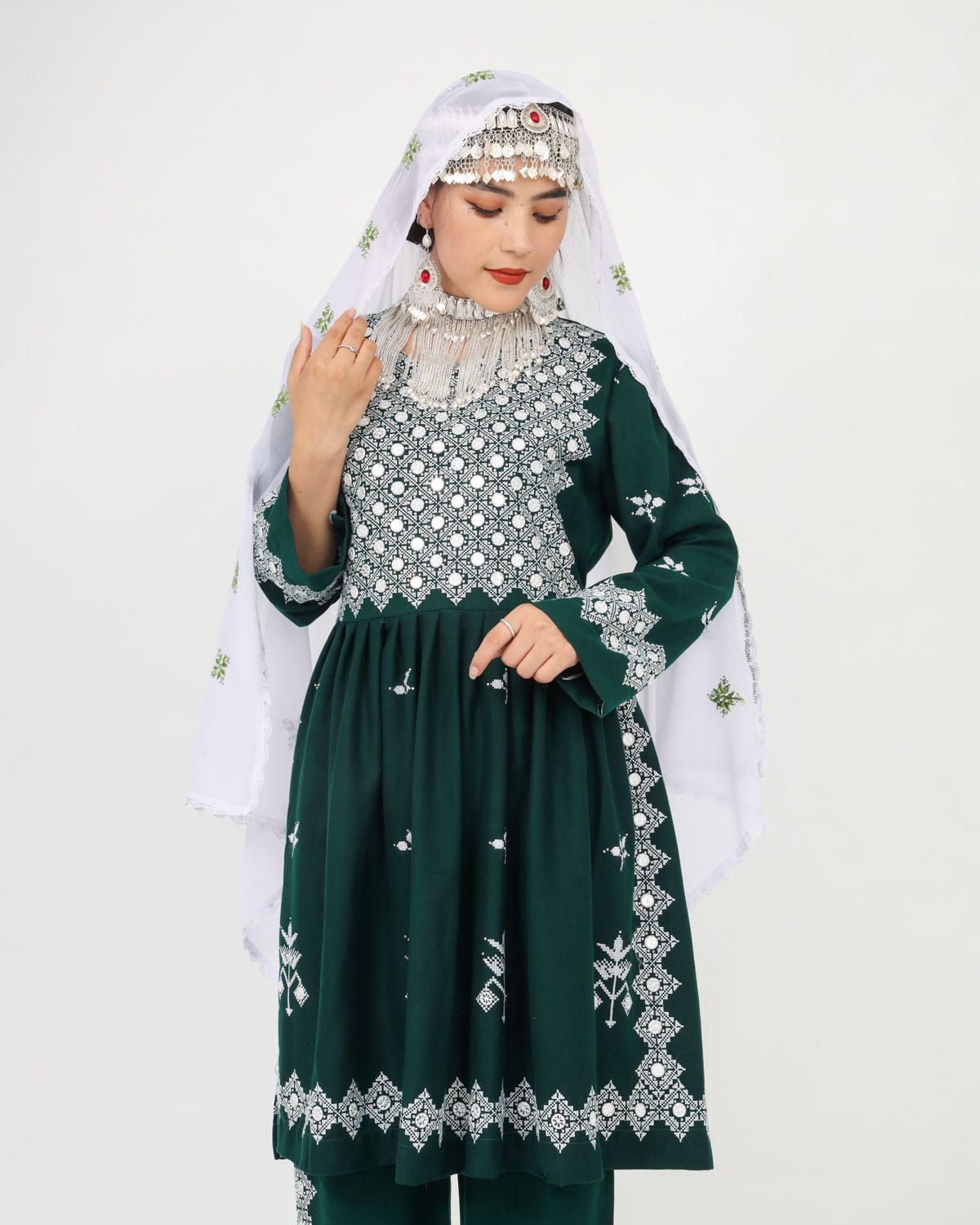 Green Dress Hazaragi Short Dress with Embroidery and Mirror Work