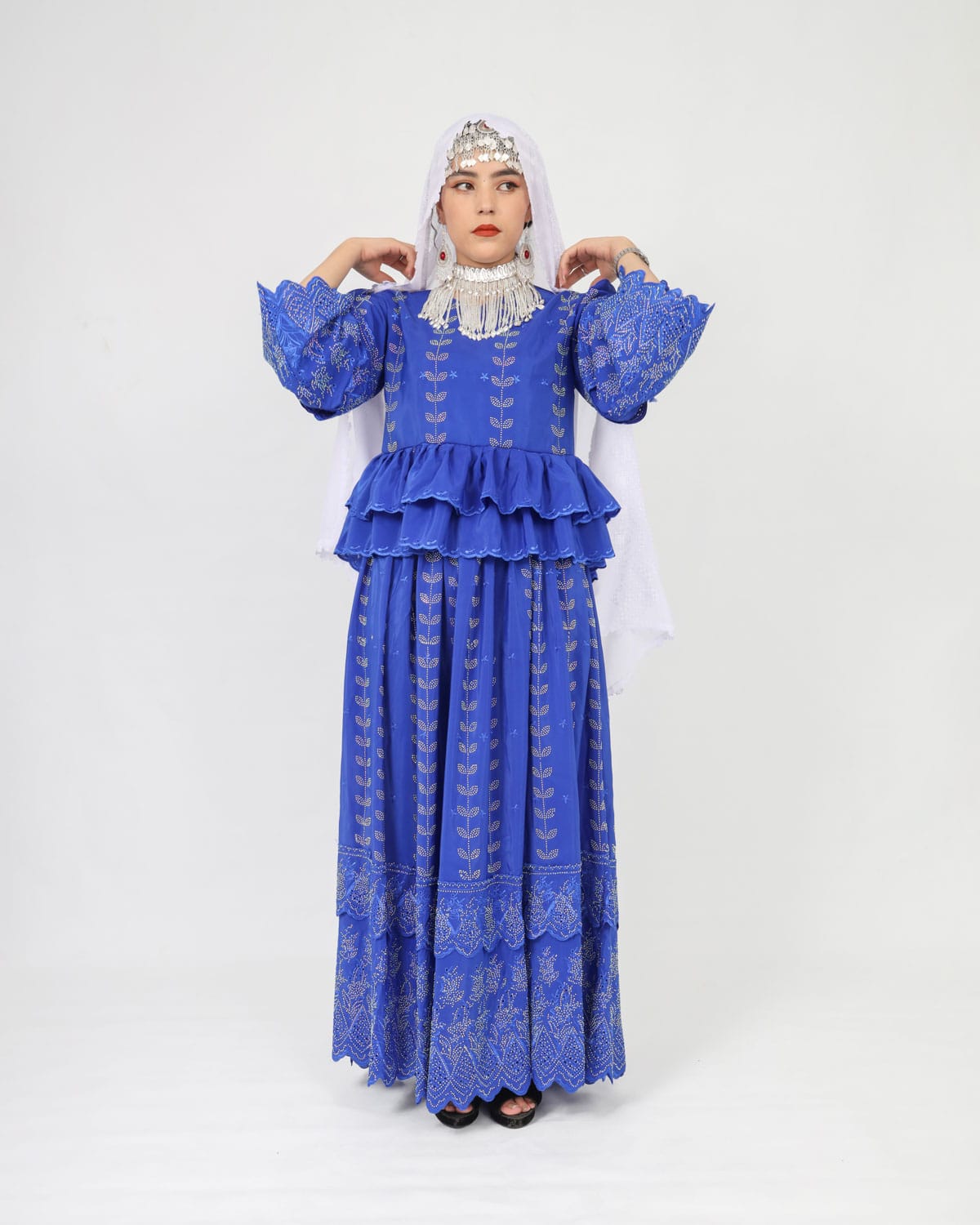 Blue Party Dress Set with Hand-Embroidered Shawl & Silver Jewelry