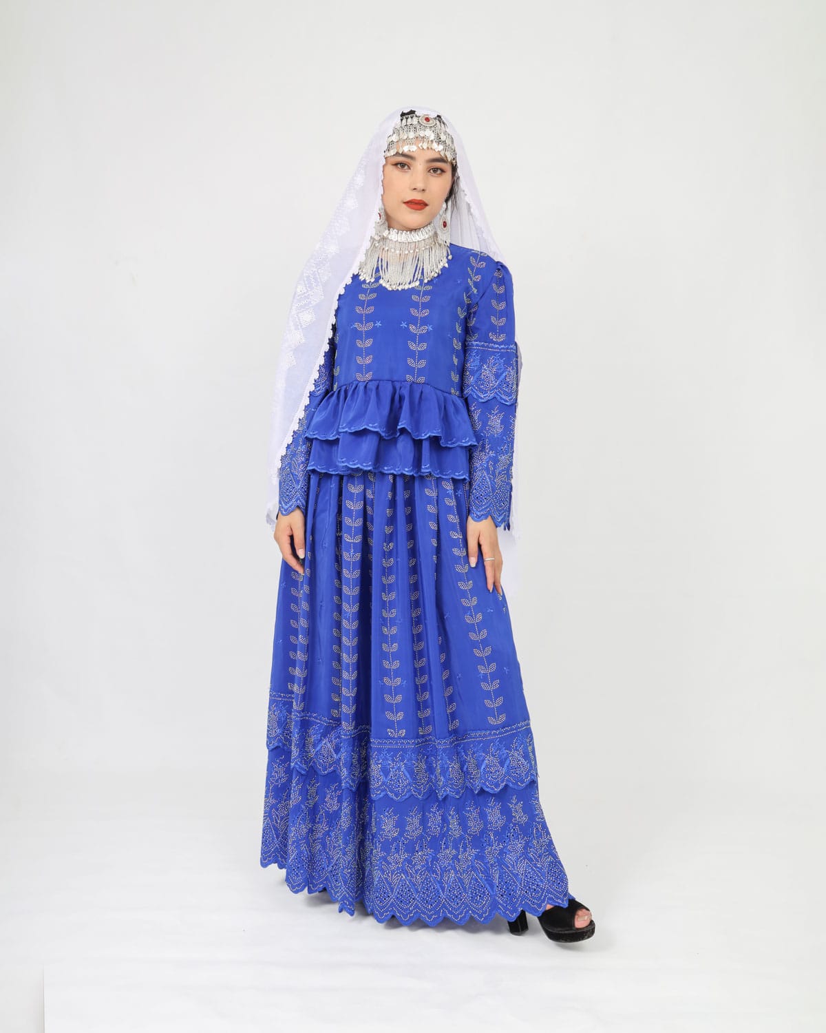 Blue Party Dress Set with Hand-Embroidered Shawl & Silver Jewelry