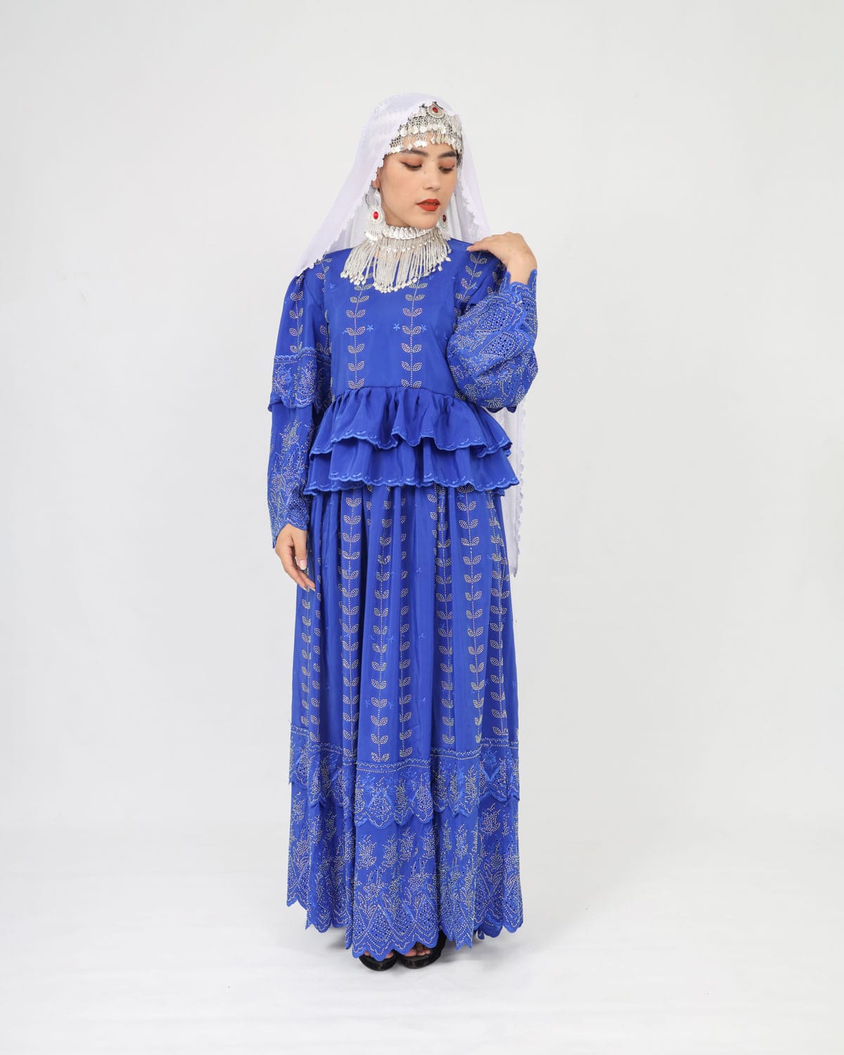 Blue Party Dress Set with Hand-Embroidered Shawl & Silver Jewelry