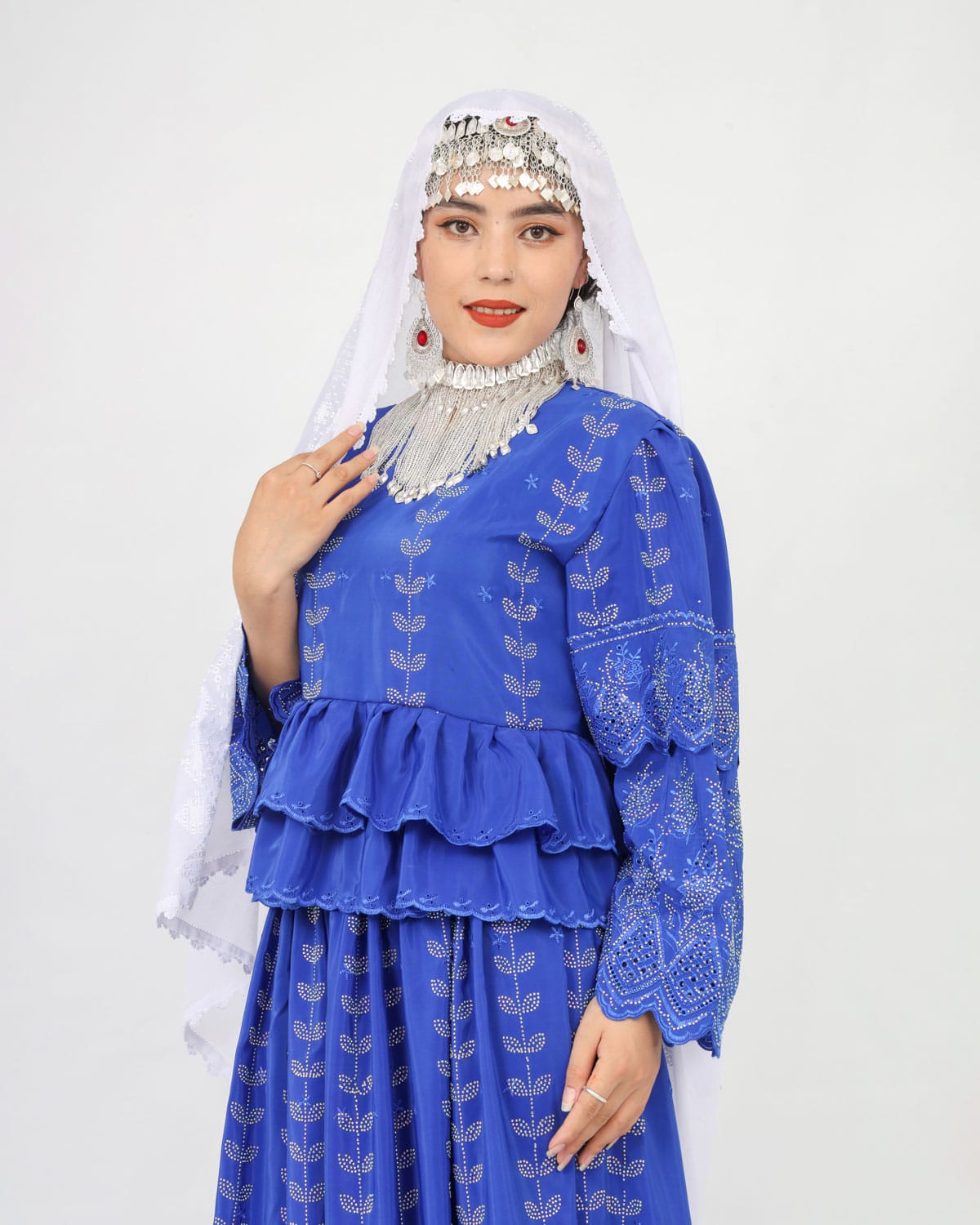 Blue Party Dress Set with Hand-Embroidered Shawl & Silver Jewelry