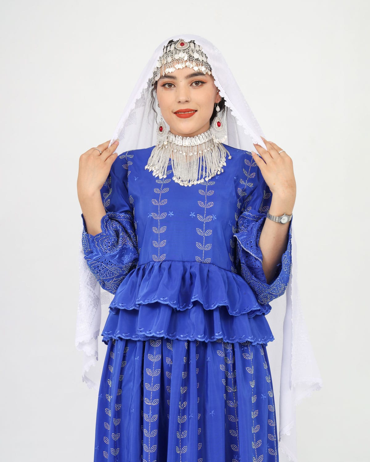 Blue Party Dress Set with Hand-Embroidered Shawl & Silver Jewelry