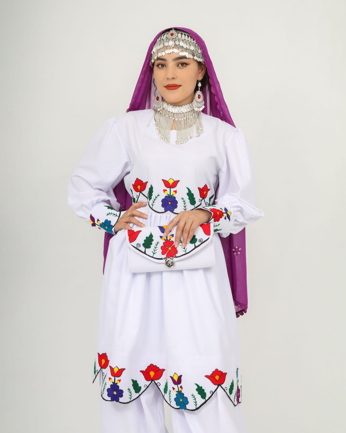 Hazaragi Charm: Short Dress Set with Hand-Embroidered Shawl, Accessories & Silver Jewelry