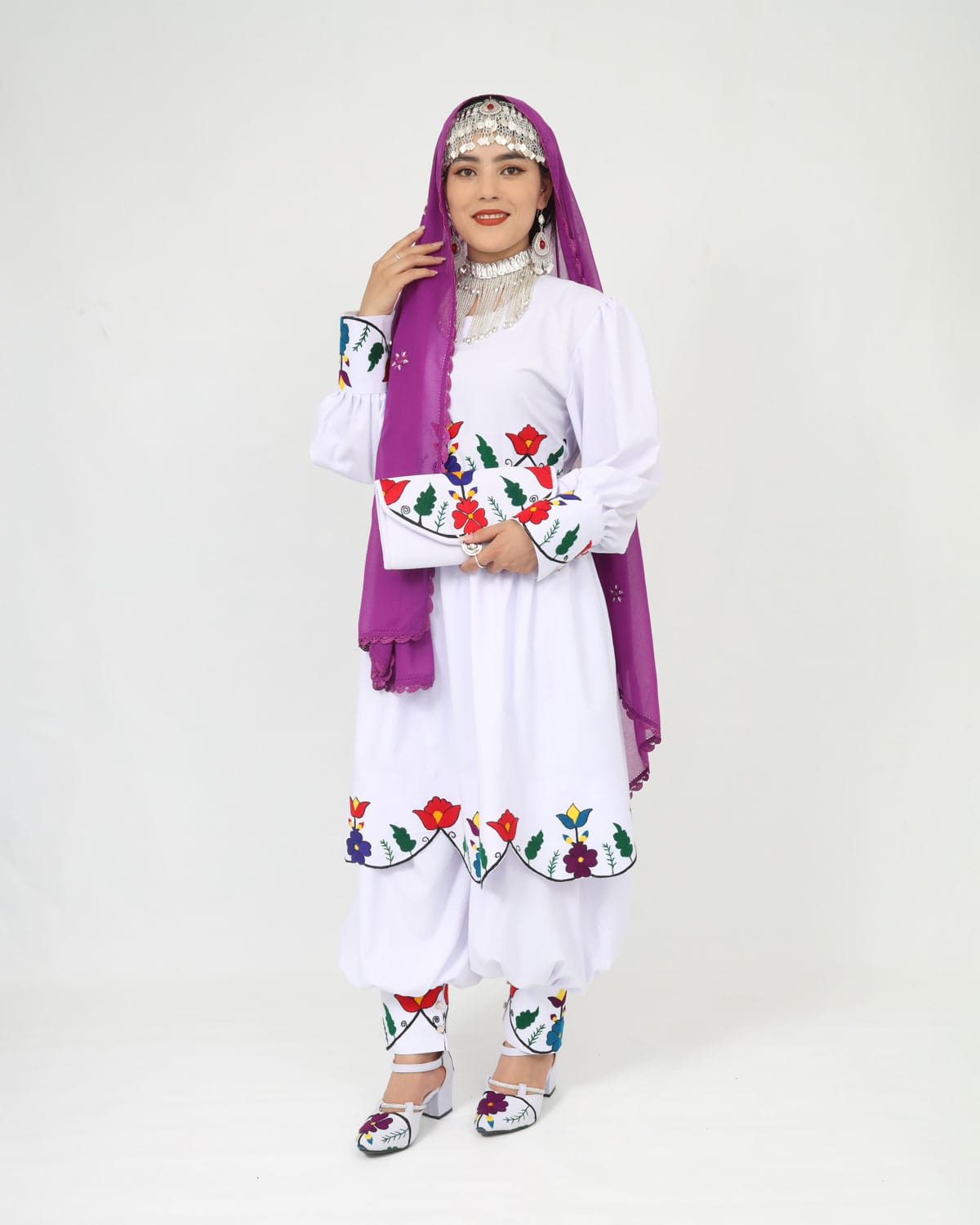 Hazaragi Charm: Short Dress Set with Hand-Embroidered Shawl, Accessories & Silver Jewelry