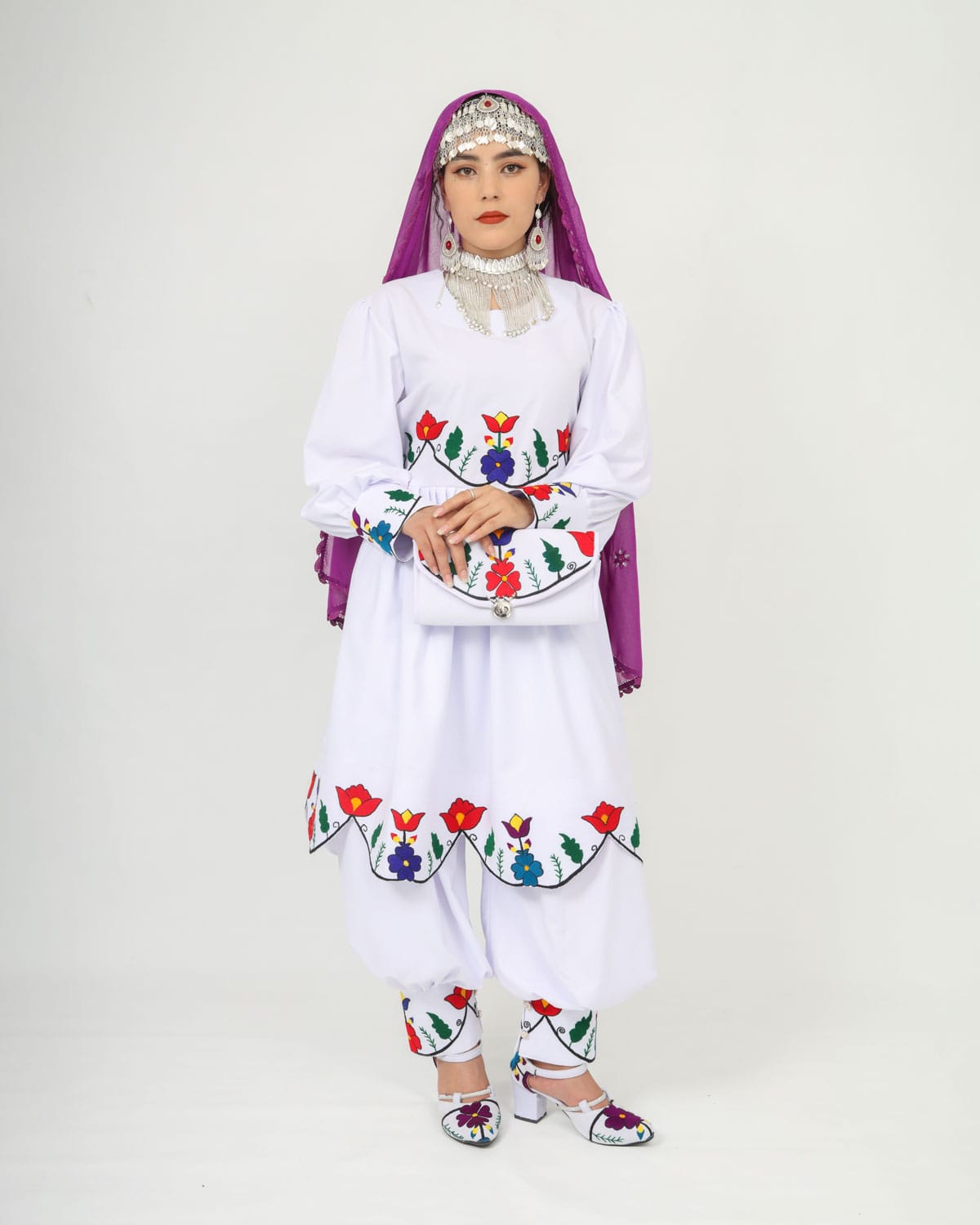 Hazaragi Charm: Short Dress Set with Hand-Embroidered Shawl, Accessories & Silver Jewelry