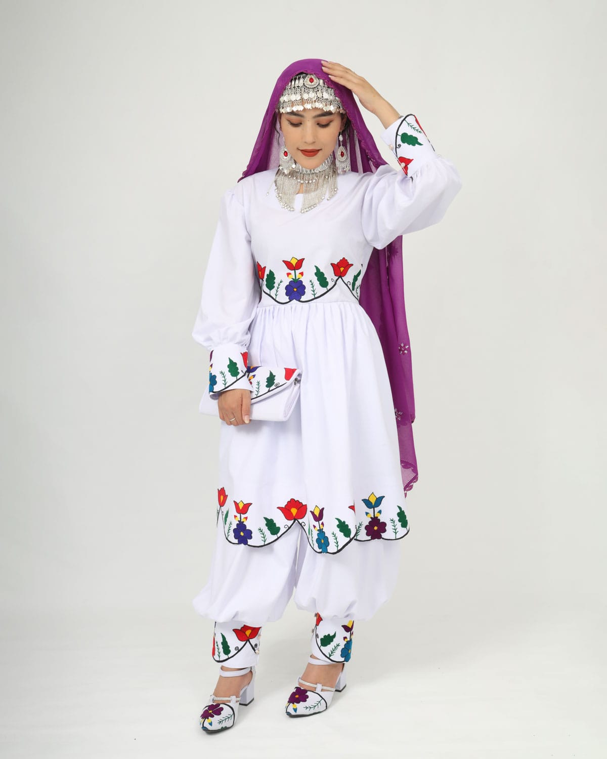 Hazaragi Charm: Short Dress Set with Hand-Embroidered Shawl, Accessories & Silver Jewelry