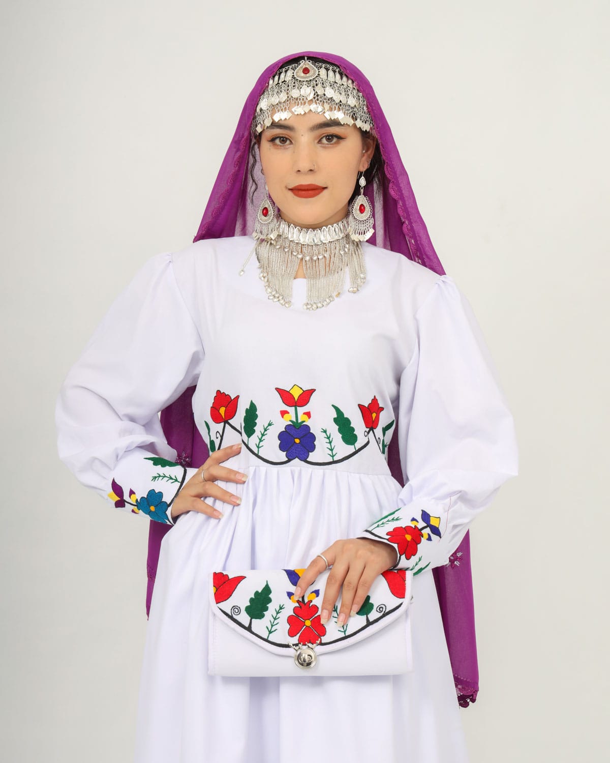 Hazaragi Charm: Short Dress Set with Hand-Embroidered Shawl, Accessories & Silver Jewelry