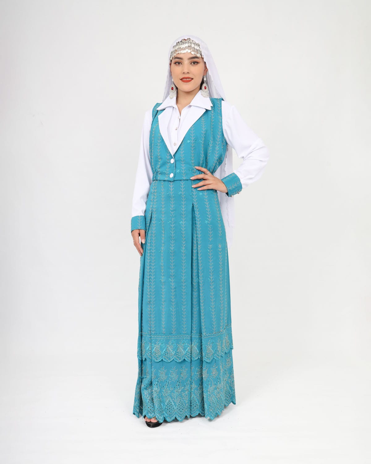 Dark Blue Hazaragi Design Dress with White Hand-Embroidered Shawl & Silver Jewelry