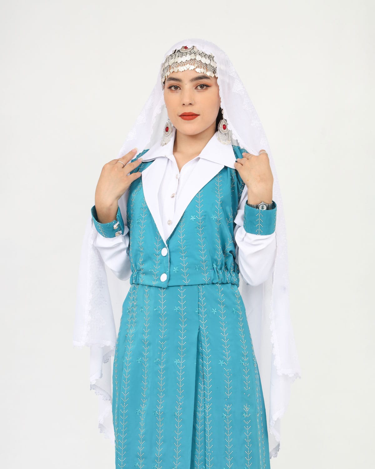 Dark Blue Hazaragi Design Dress with White Hand-Embroidered Shawl & Silver Jewelry