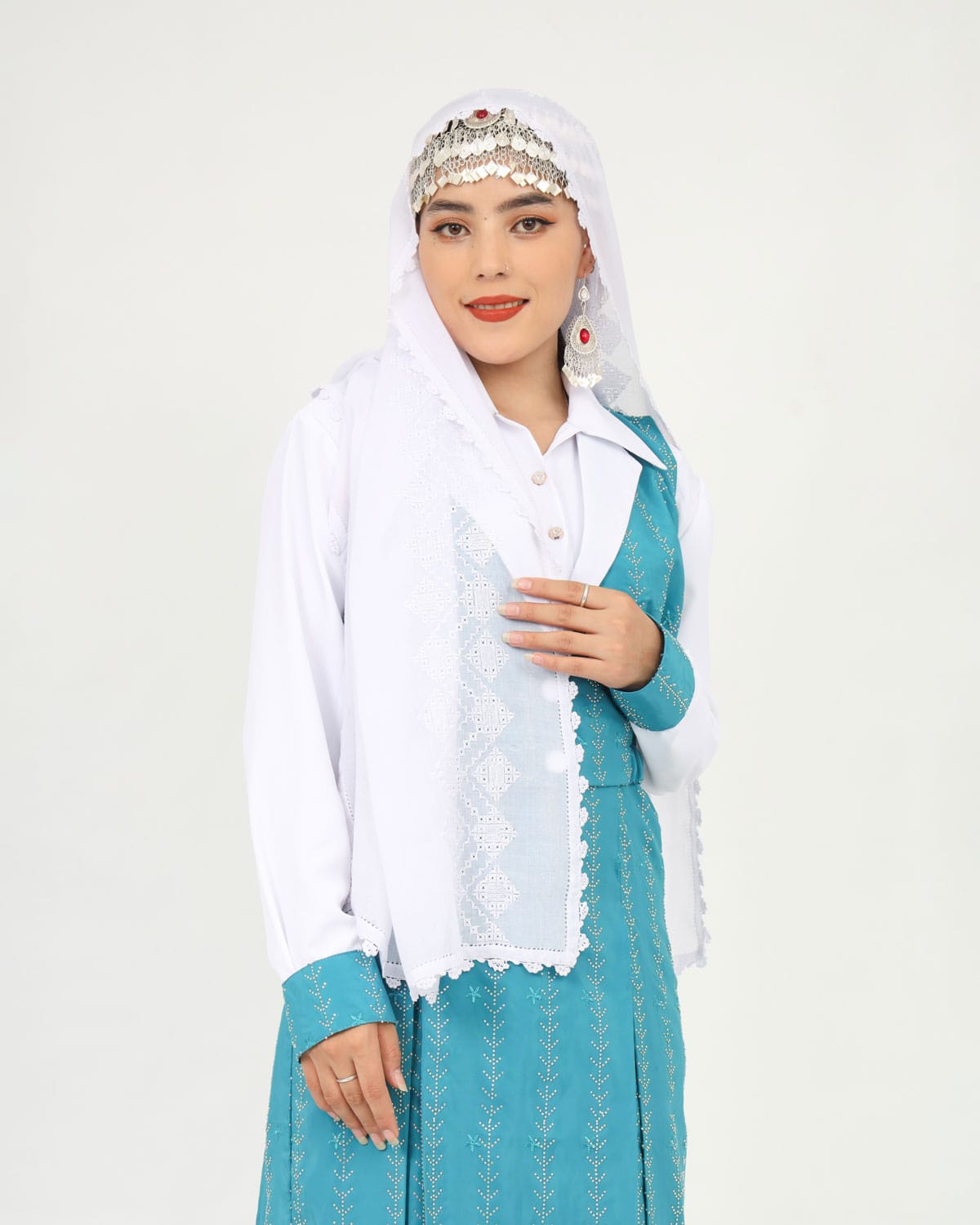 Dark Blue Hazaragi Design Dress with White Hand-Embroidered Shawl & Silver Jewelry
