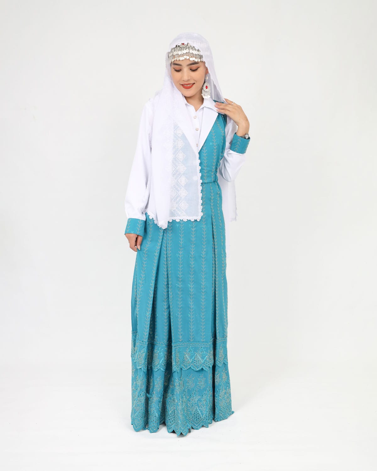 Dark Blue Hazaragi Design Dress with White Hand-Embroidered Shawl & Silver Jewelry
