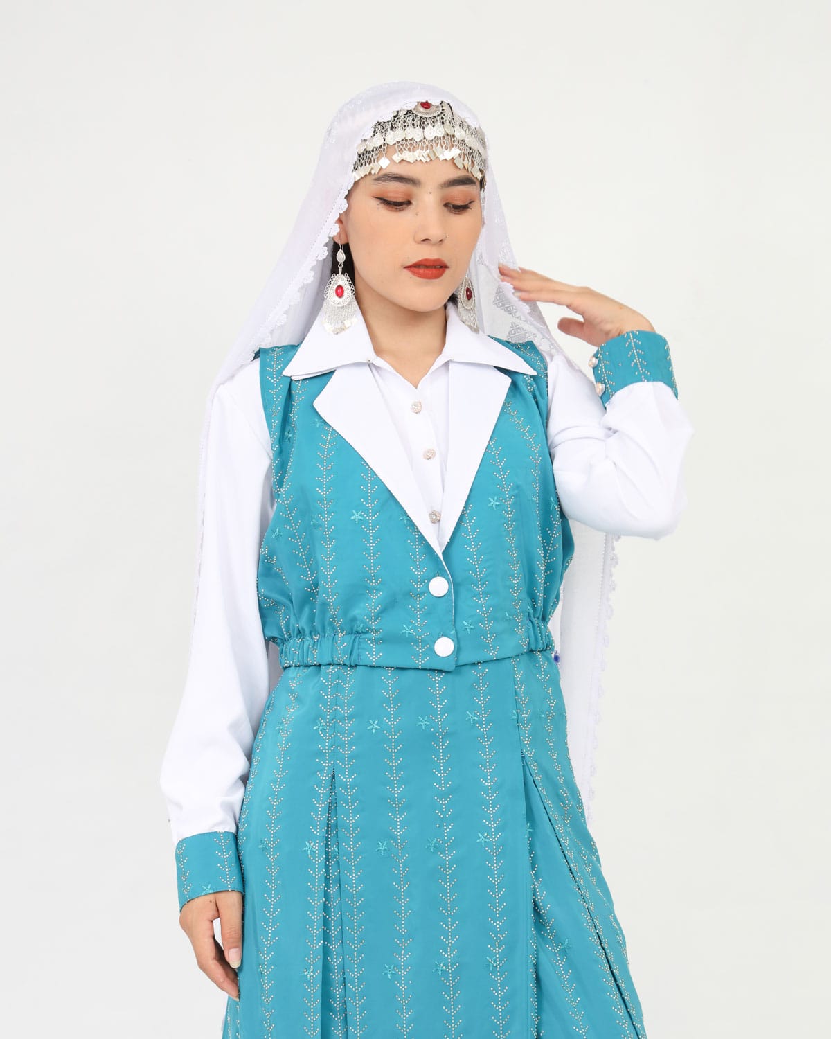 Dark Blue Hazaragi Design Dress with White Hand-Embroidered Shawl & Silver Jewelry