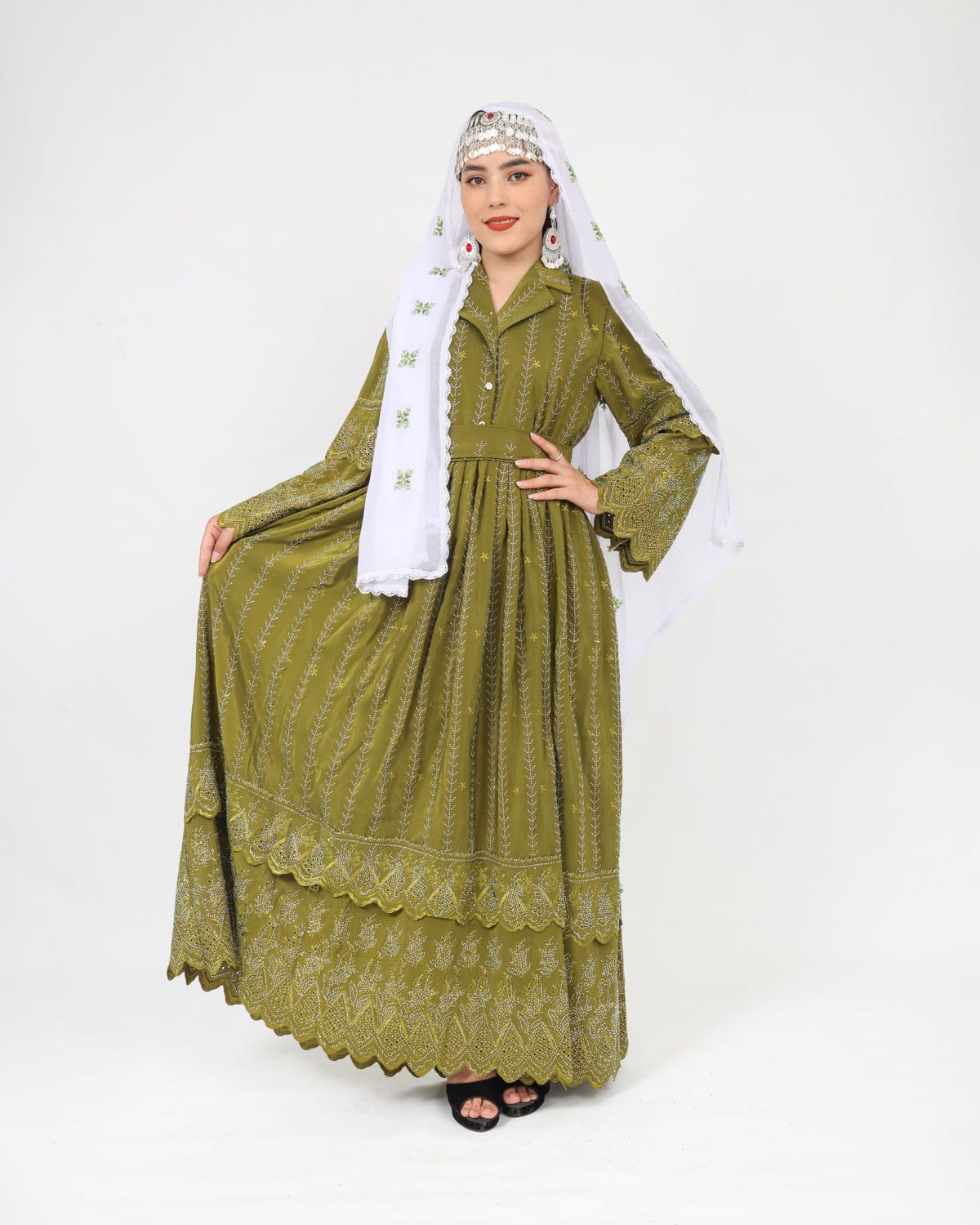 Hazaragi Design Long Dress with White Hand-Embroidered Shawl & Silver Jewelry