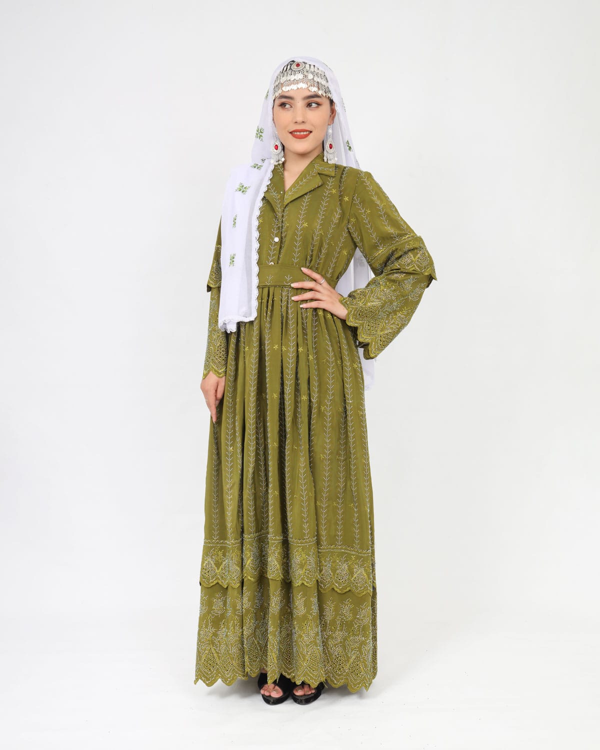 Hazaragi Design Long Dress with White Hand-Embroidered Shawl & Silver Jewelry