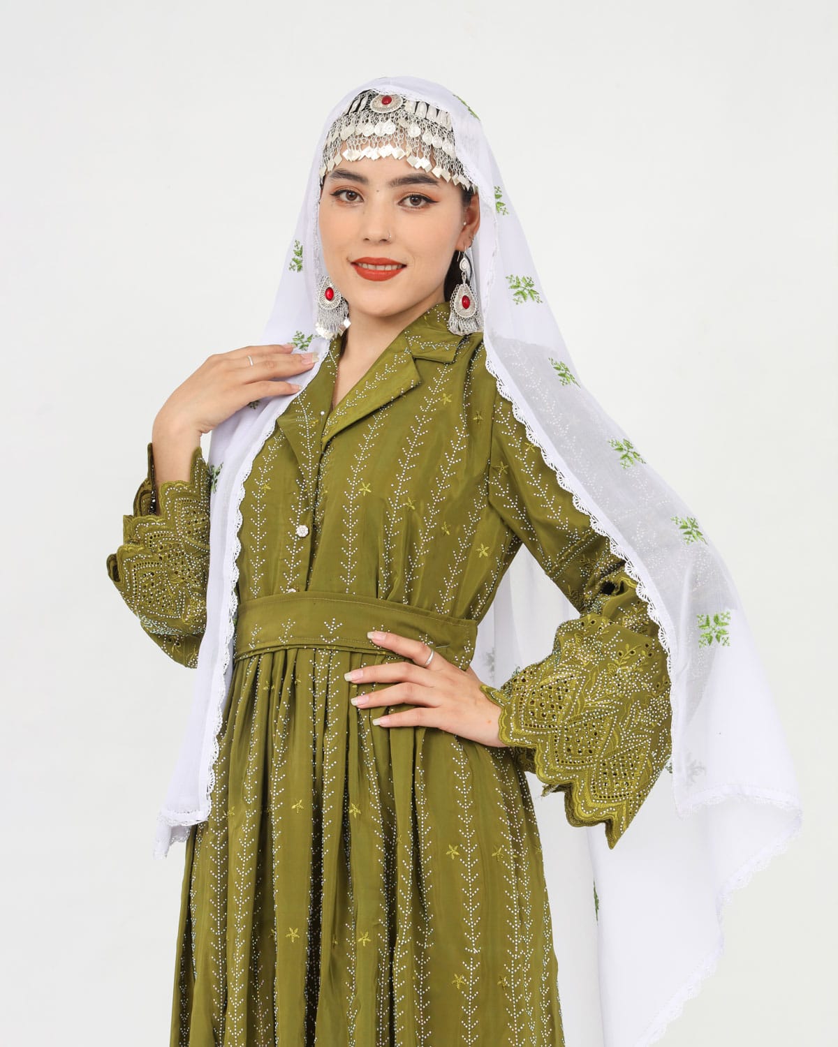 Hazaragi Design Long Dress with White Hand-Embroidered Shawl & Silver Jewelry