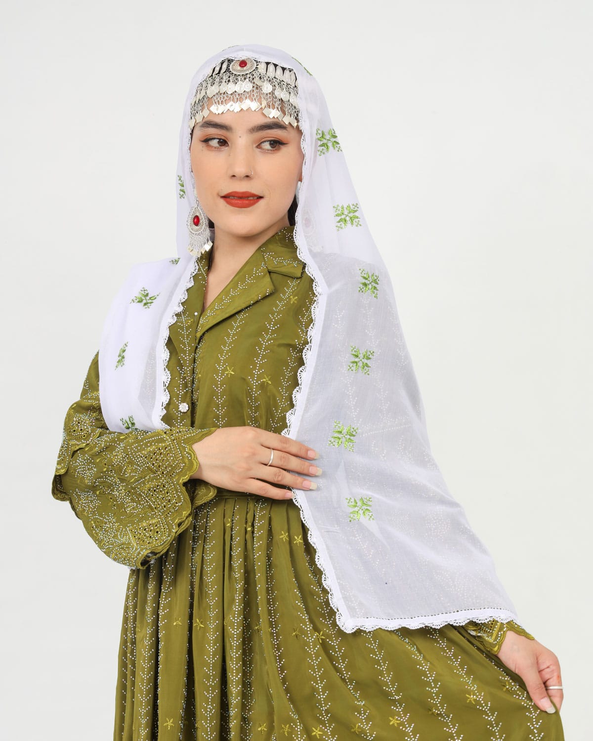 Hazaragi Design Long Dress with White Hand-Embroidered Shawl & Silver Jewelry