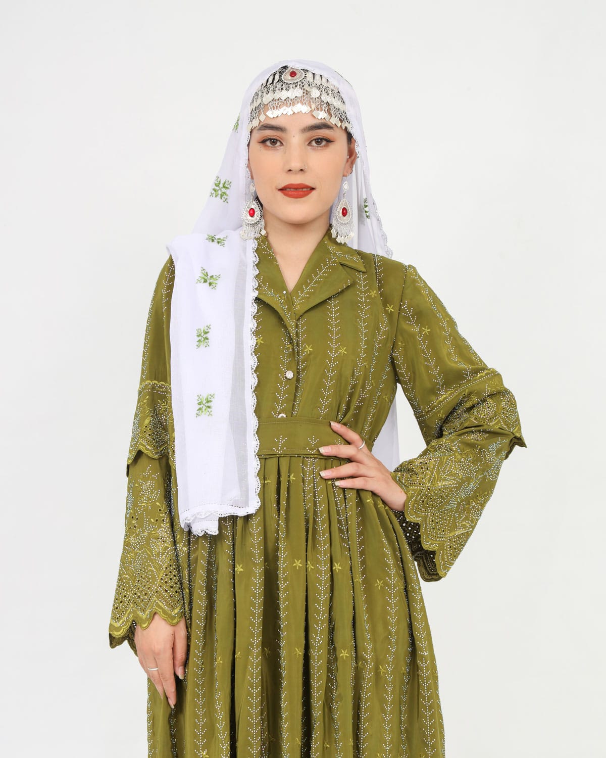 Hazaragi Design Long Dress with White Hand-Embroidered Shawl & Silver Jewelry