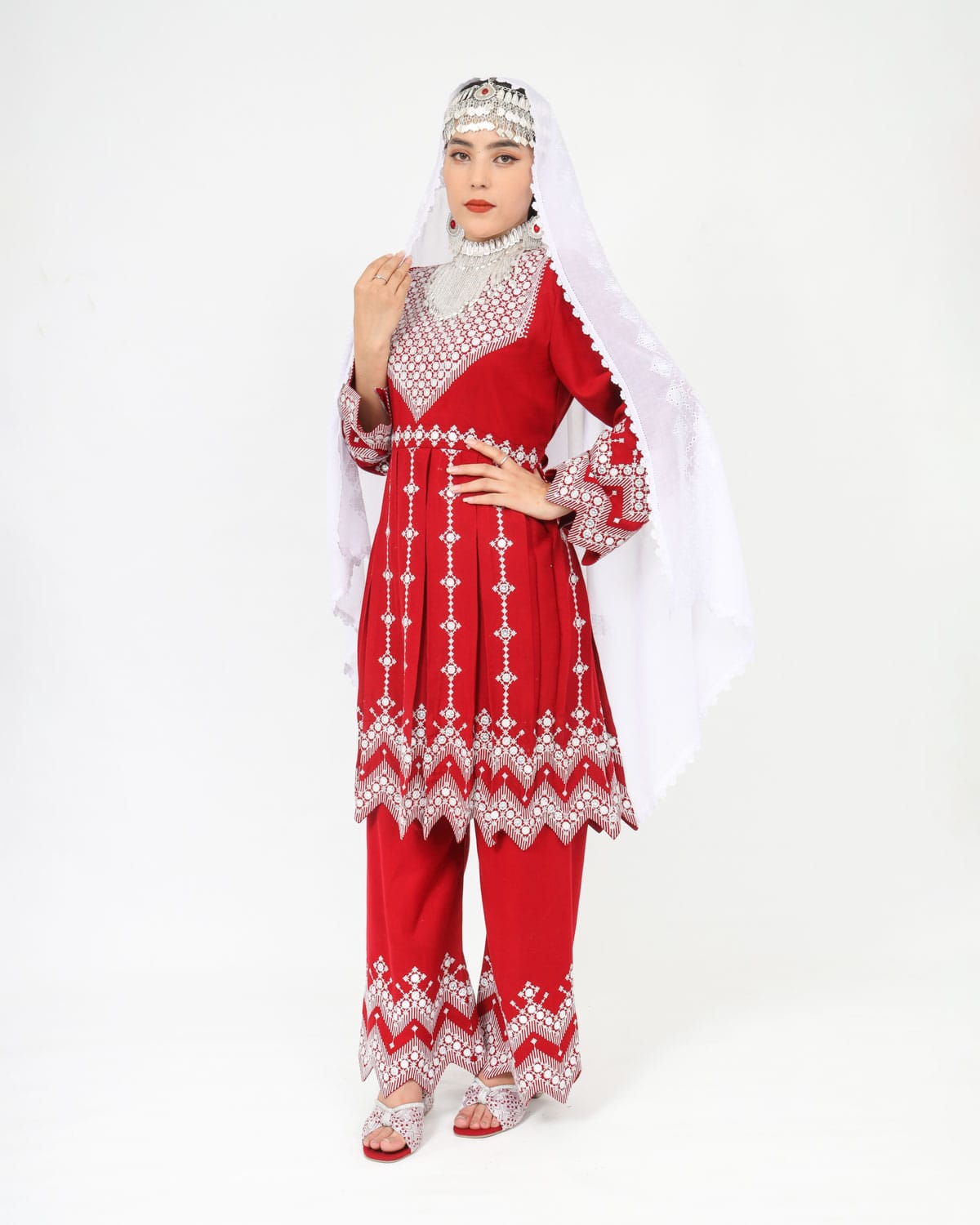 Beautiful Red Hazaragi Short Dress with White Hand-Embroidered Shawl, Silver Jewelry & Shoes