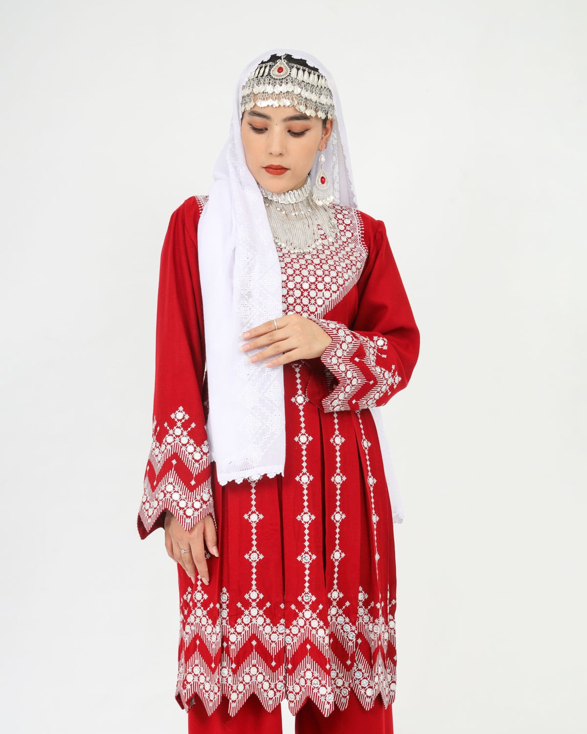 Beautiful Red Hazaragi Short Dress with White Hand-Embroidered Shawl, Silver Jewelry & Shoes