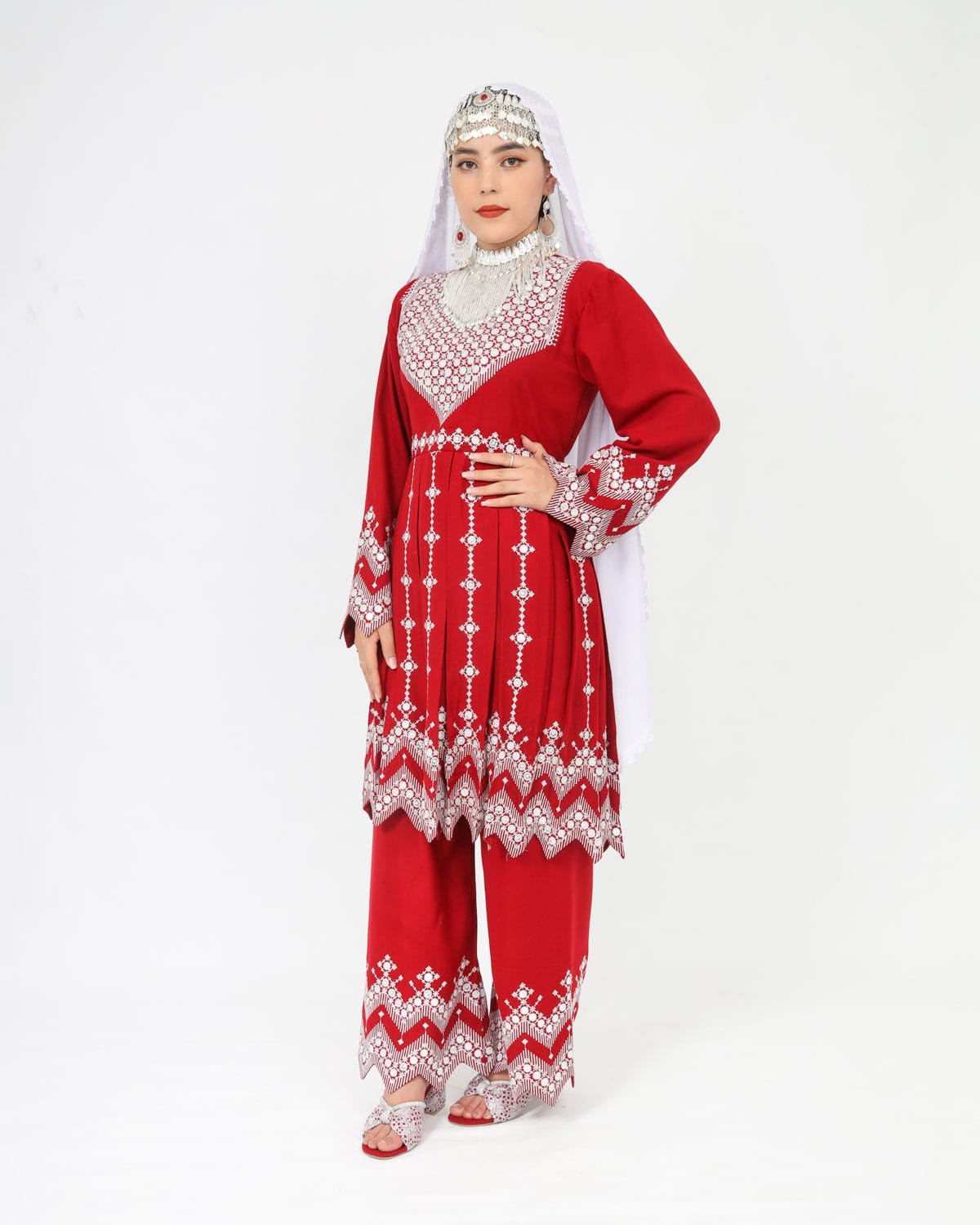 Beautiful Red Hazaragi Short Dress with White Hand-Embroidered Shawl, Silver Jewelry & Shoes