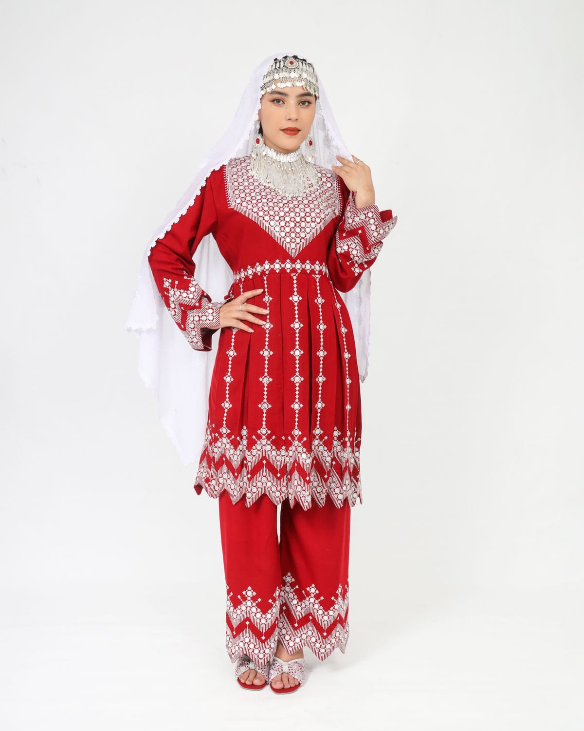 Beautiful Red Hazaragi Short Dress with White Hand-Embroidered Shawl, Silver Jewelry & Shoes