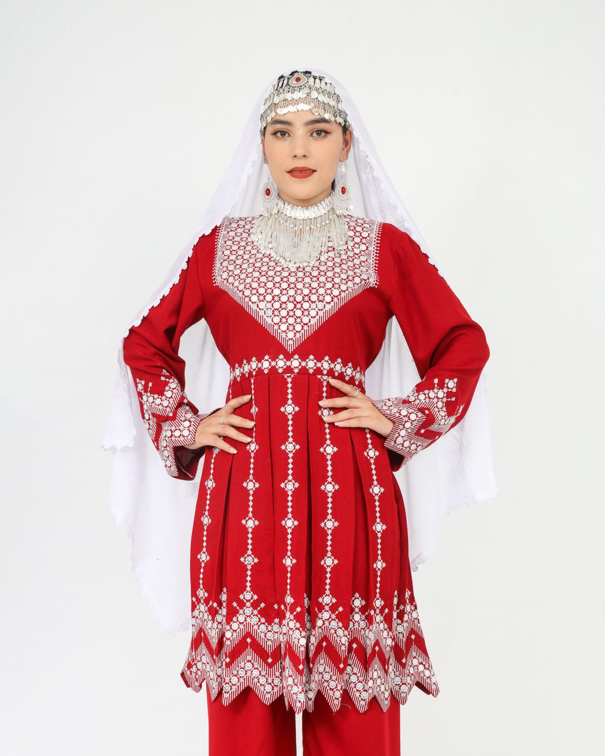 Beautiful Red Hazaragi Short Dress with White Hand-Embroidered Shawl, Silver Jewelry & Shoes