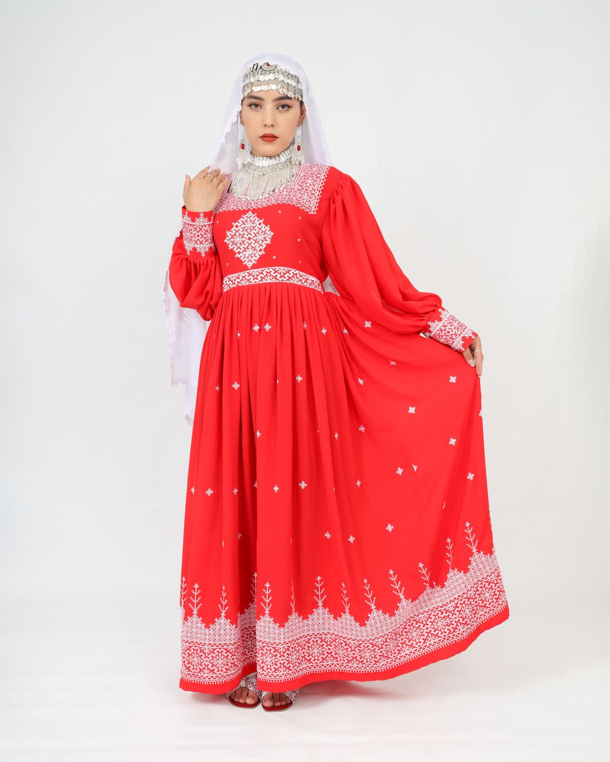 Red Hazaragi Long Dress with White Hand-Embroidered Shawl, Silver Jewelry & Shoes