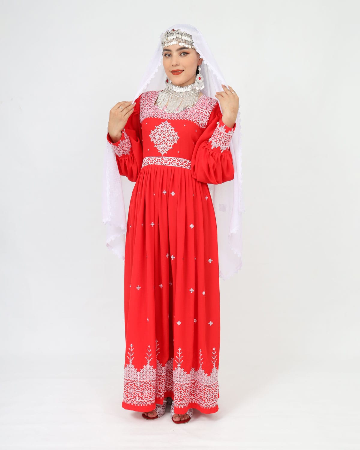 Red Hazaragi Long Dress with White Hand-Embroidered Shawl, Silver Jewelry & Shoes