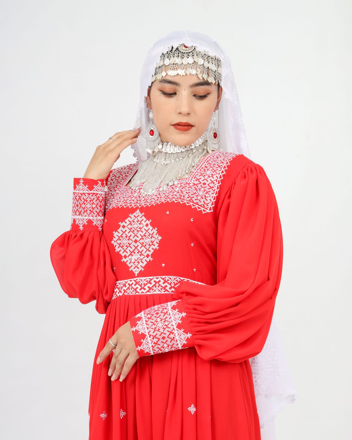 Red Hazaragi Long Dress with White Hand-Embroidered Shawl, Silver Jewelry & Shoes