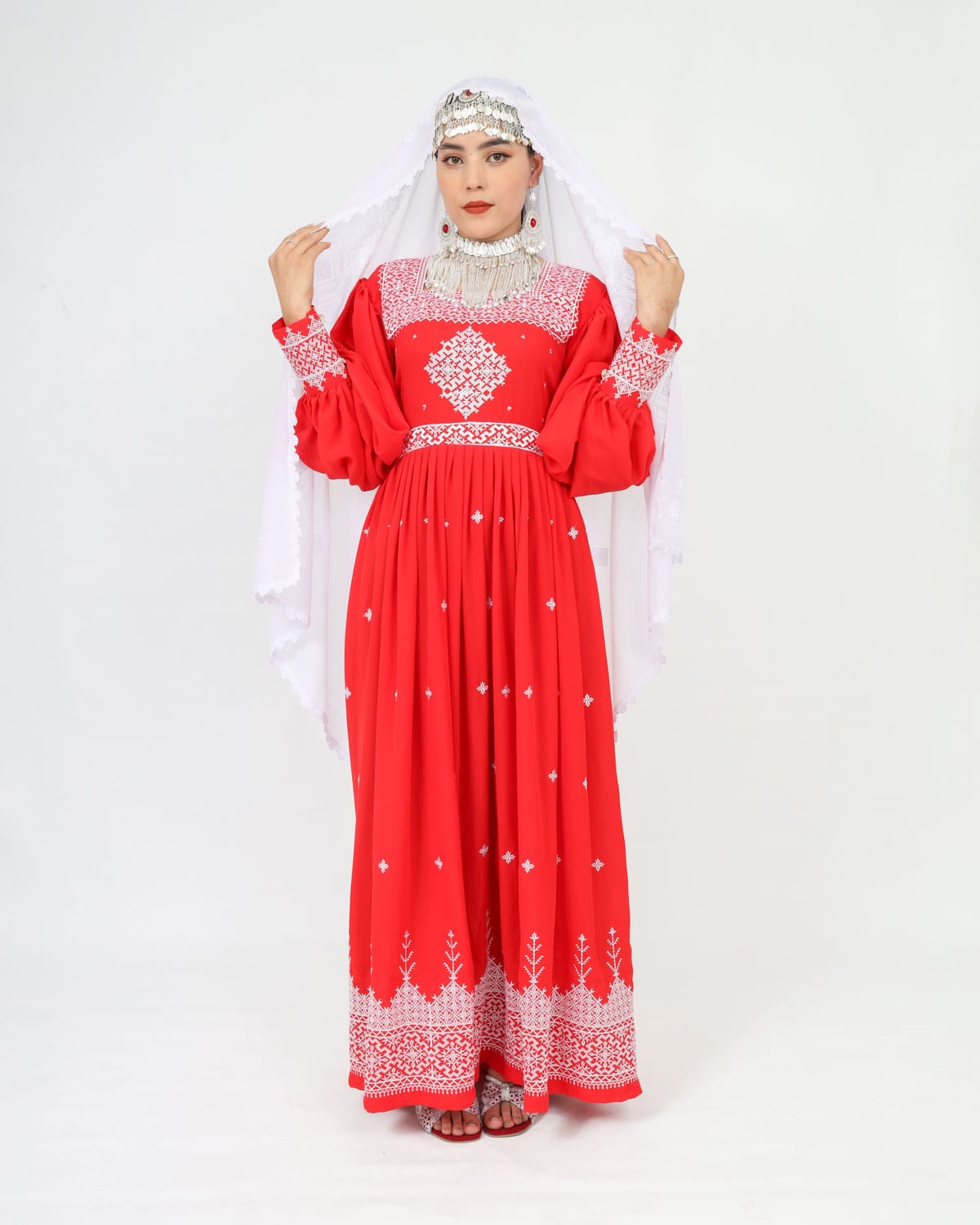 Red Hazaragi Long Dress with White Hand-Embroidered Shawl, Silver Jewelry & Shoes