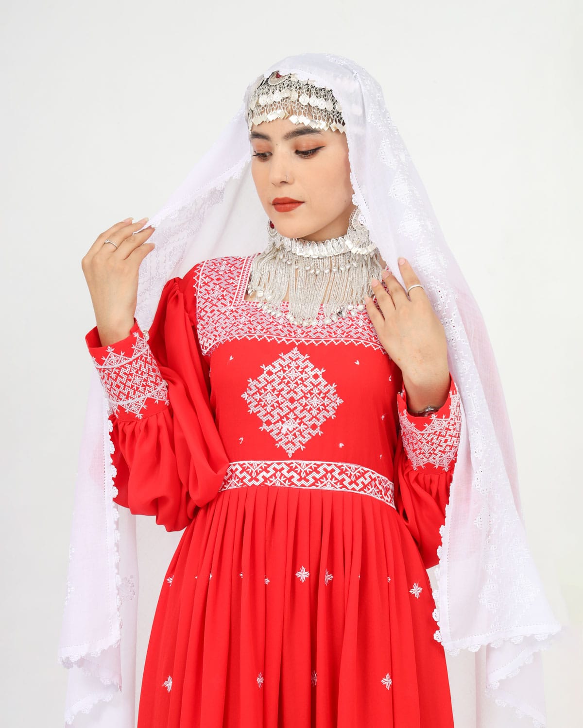 Red Hazaragi Long Dress with White Hand-Embroidered Shawl, Silver Jewelry & Shoes