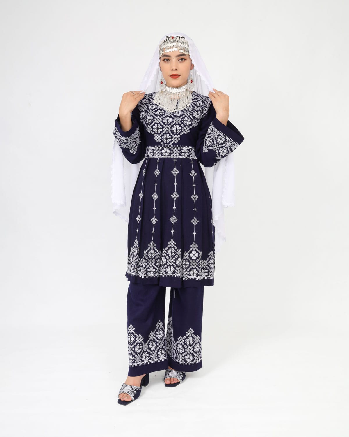 Hazaragi Short Dress with Embroidered Shawl – Deep Navy Cotton