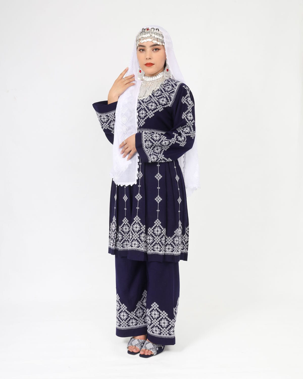Hazaragi Short Dress with Embroidered Shawl – Deep Navy Cotton