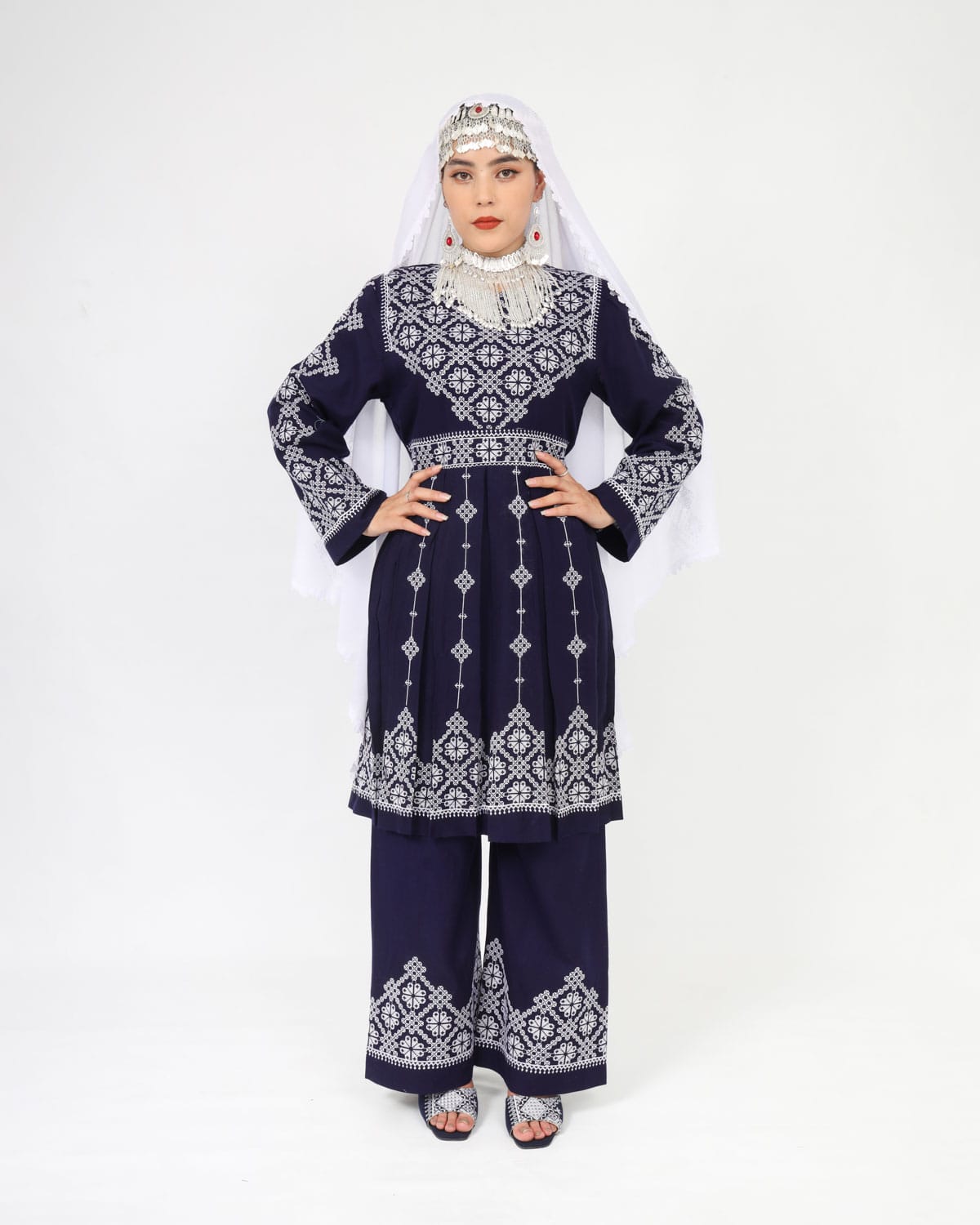 Hazaragi Short Dress with Embroidered Shawl – Deep Navy Cotton