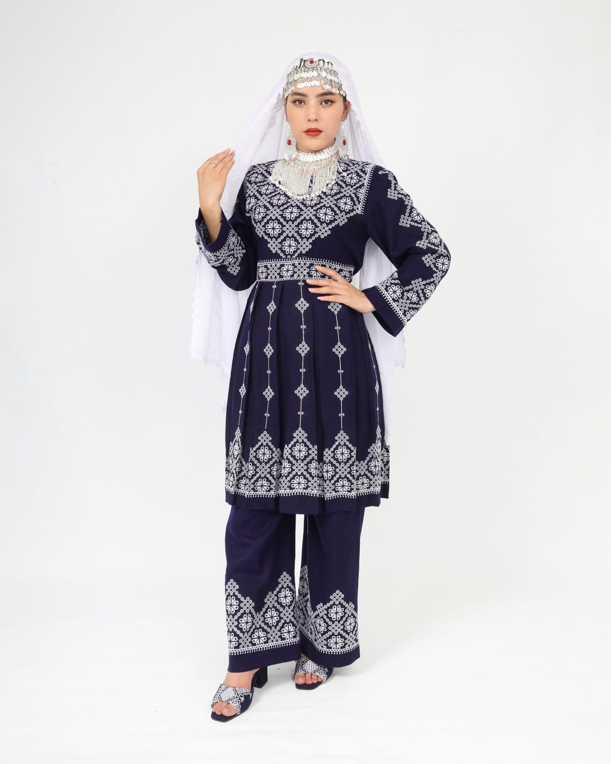 Hazaragi Short Dress with Embroidered Shawl – Deep Navy Cotton