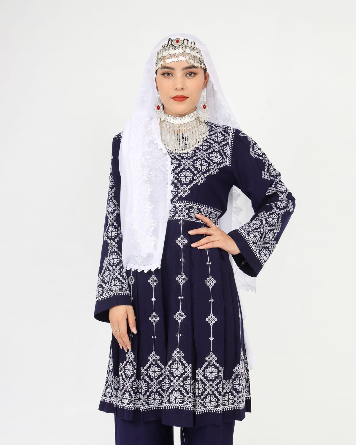 Hazaragi Short Dress with Embroidered Shawl – Deep Navy Cotton