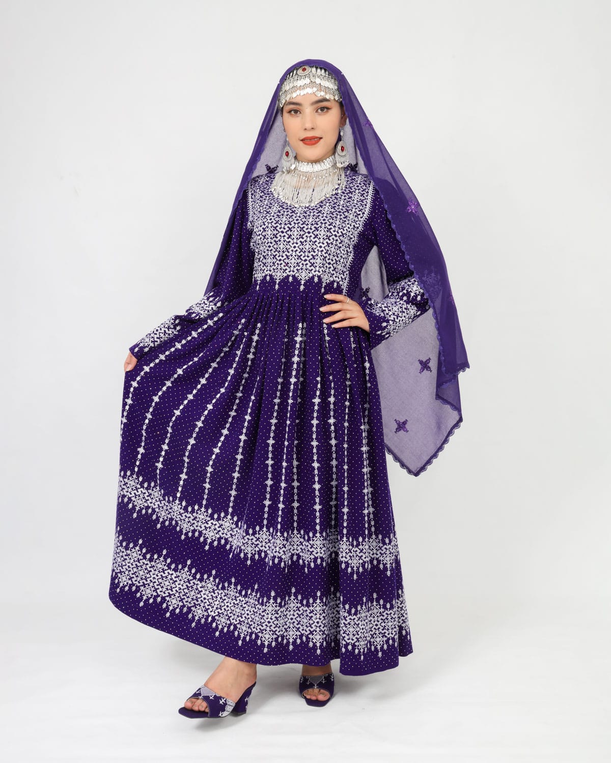 Hazaragi Long Dress with Mirror Work & Embroidered Shawl – Cotton Fabric