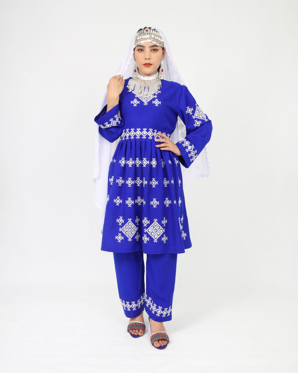 Hazaragi Short Dress with Mirror Work & Embroidered Shawl – Blue Cotton