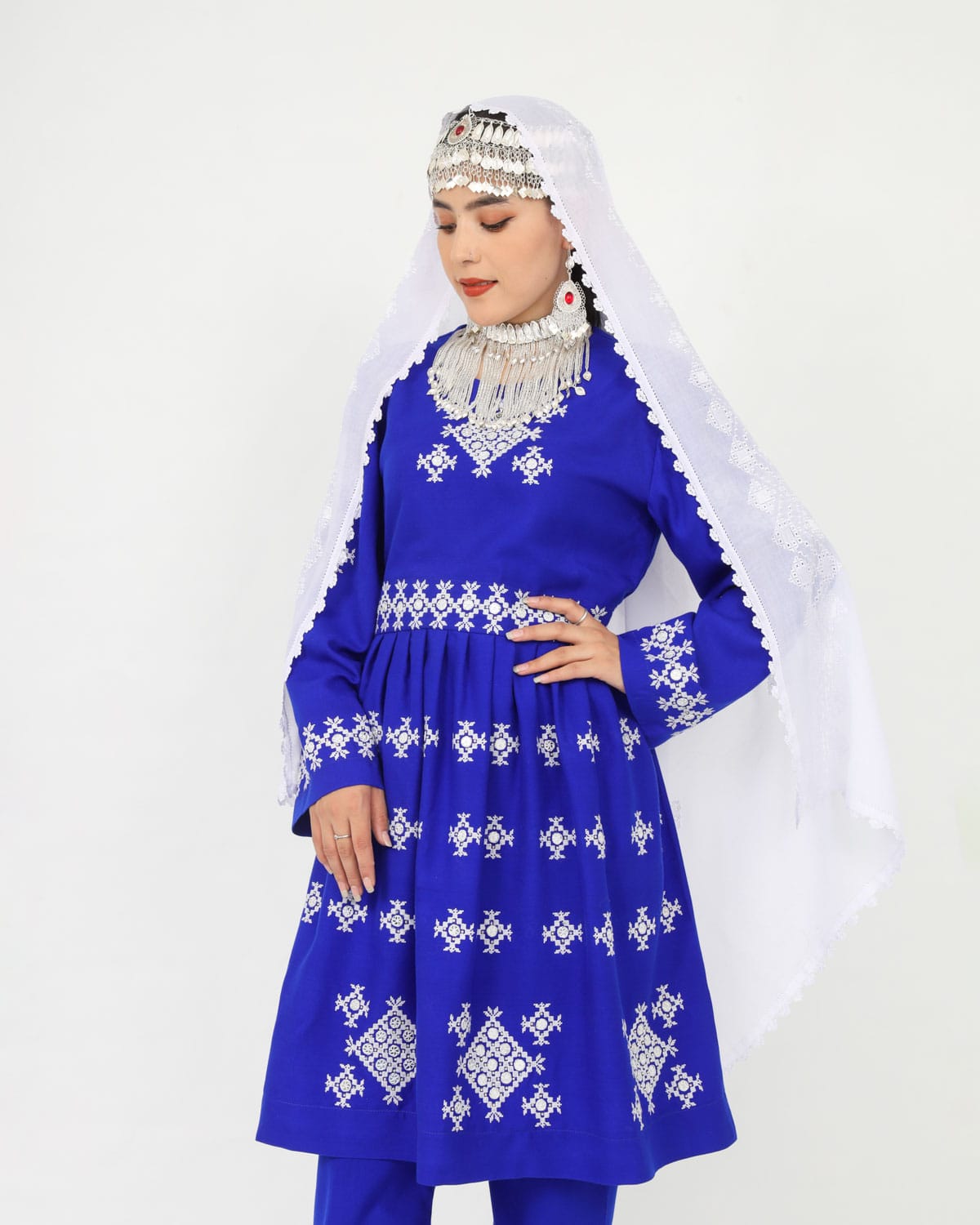 Hazaragi Short Dress with Mirror Work & Embroidered Shawl – Blue Cotton