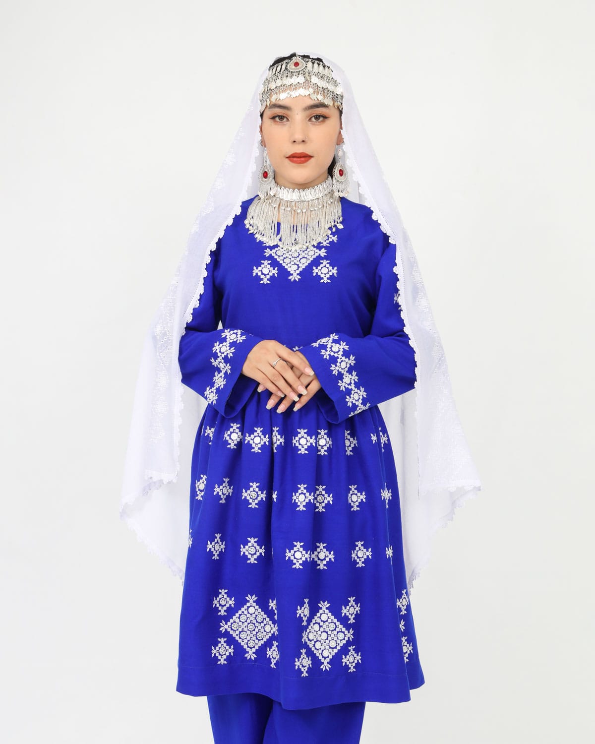 Hazaragi Short Dress with Mirror Work & Embroidered Shawl – Blue Cotton