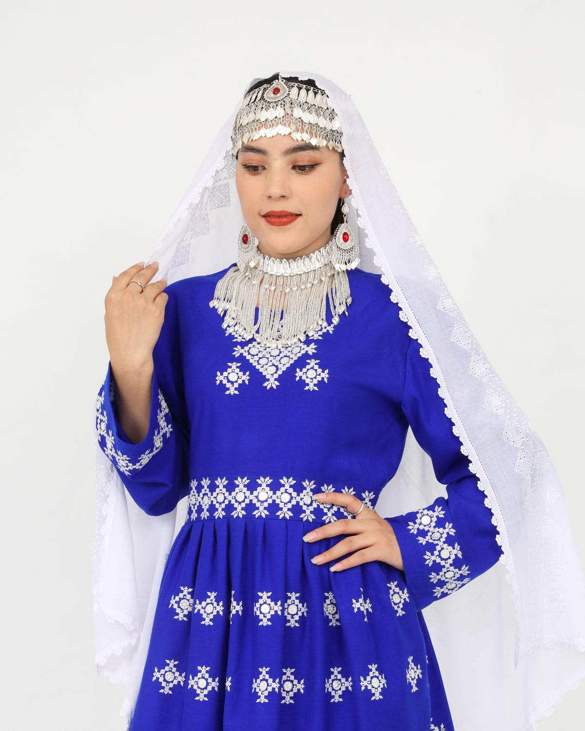 Hazaragi Short Dress with Mirror Work & Embroidered Shawl – Blue Cotton