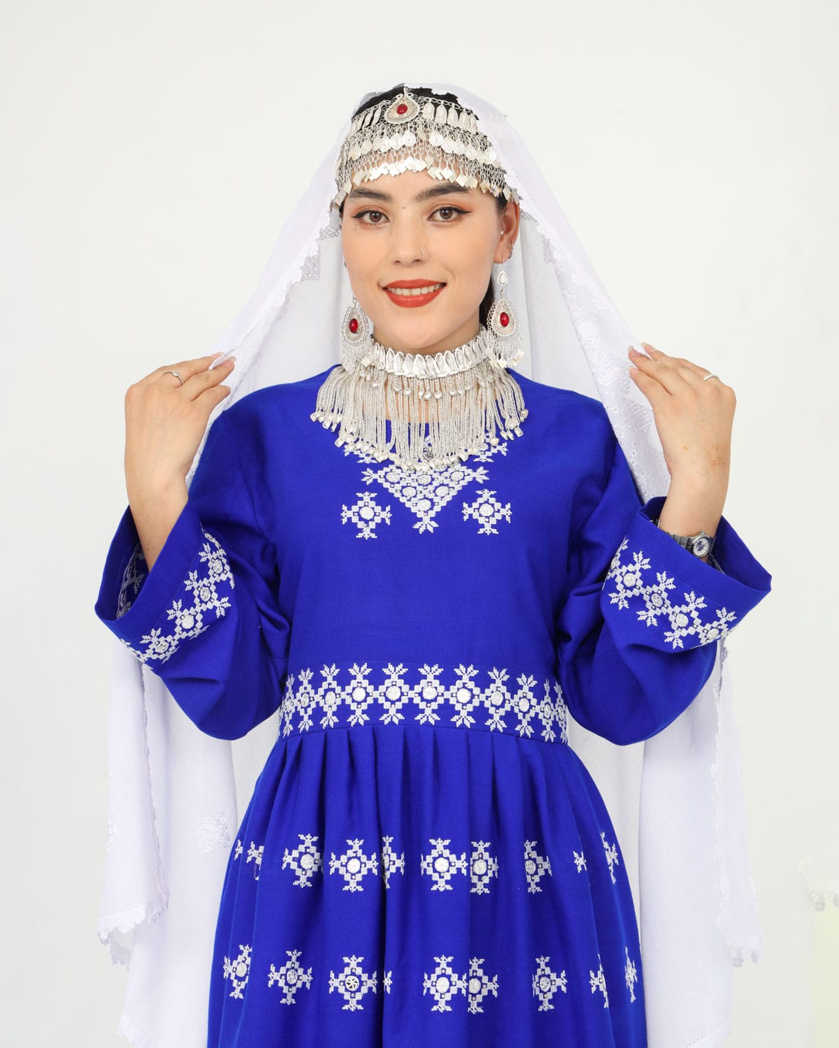 Hazaragi Short Dress with Mirror Work & Embroidered Shawl – Blue Cotton