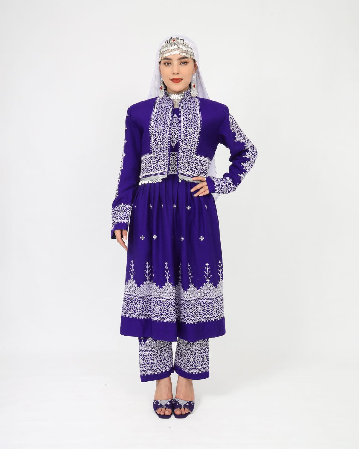 Hazaragi Dress with Waistcoat & Embroidered Shawl – Purple Cotton