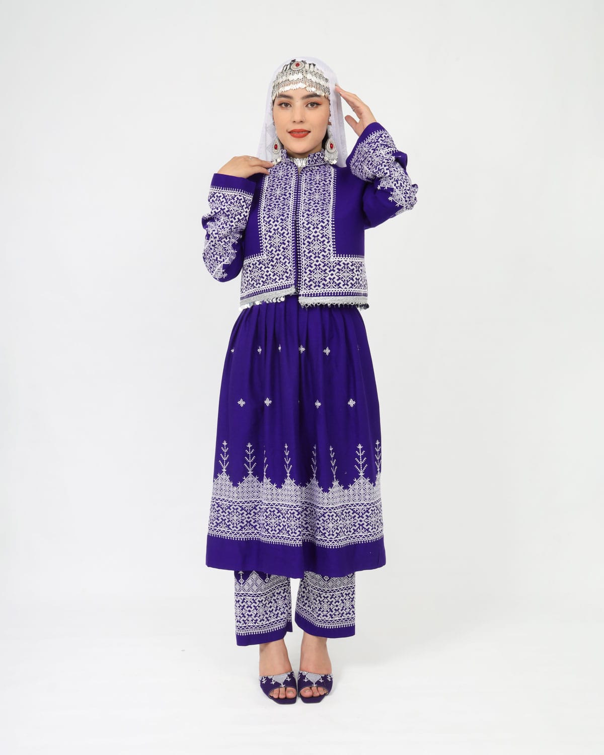 Hazaragi Dress with Waistcoat & Embroidered Shawl – Purple Cotton
