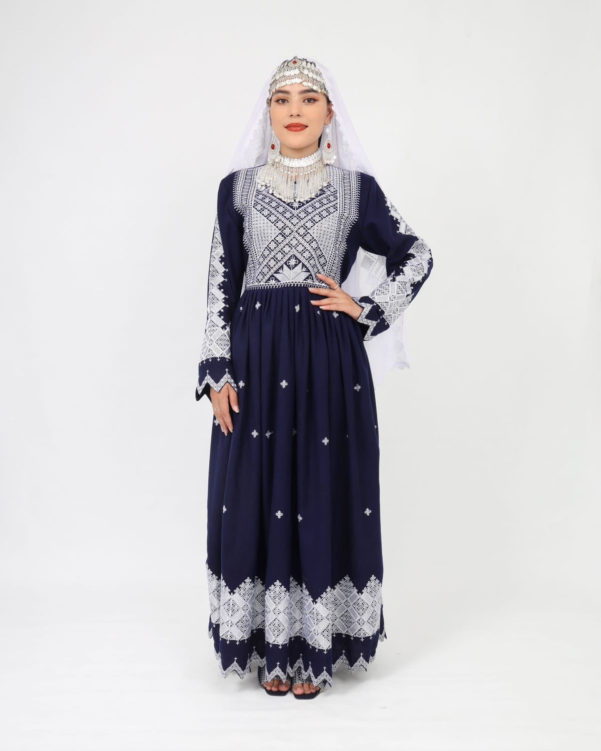 Hazaragi Design Long Dress with Embroidered Shawl – Deep Navy