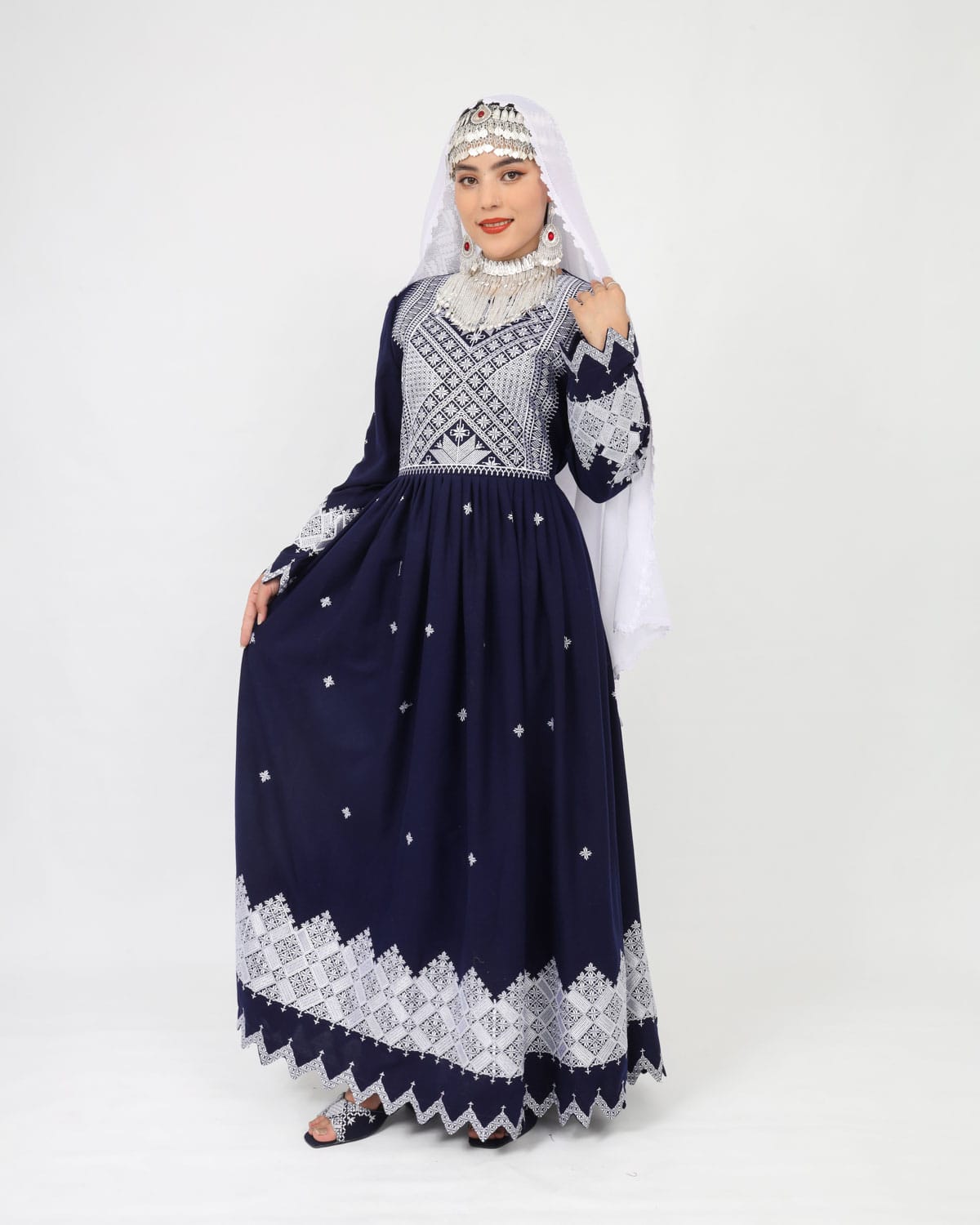 Hazaragi Design Long Dress with Embroidered Shawl  Deep Navy - Cloth Sizes Women: Small