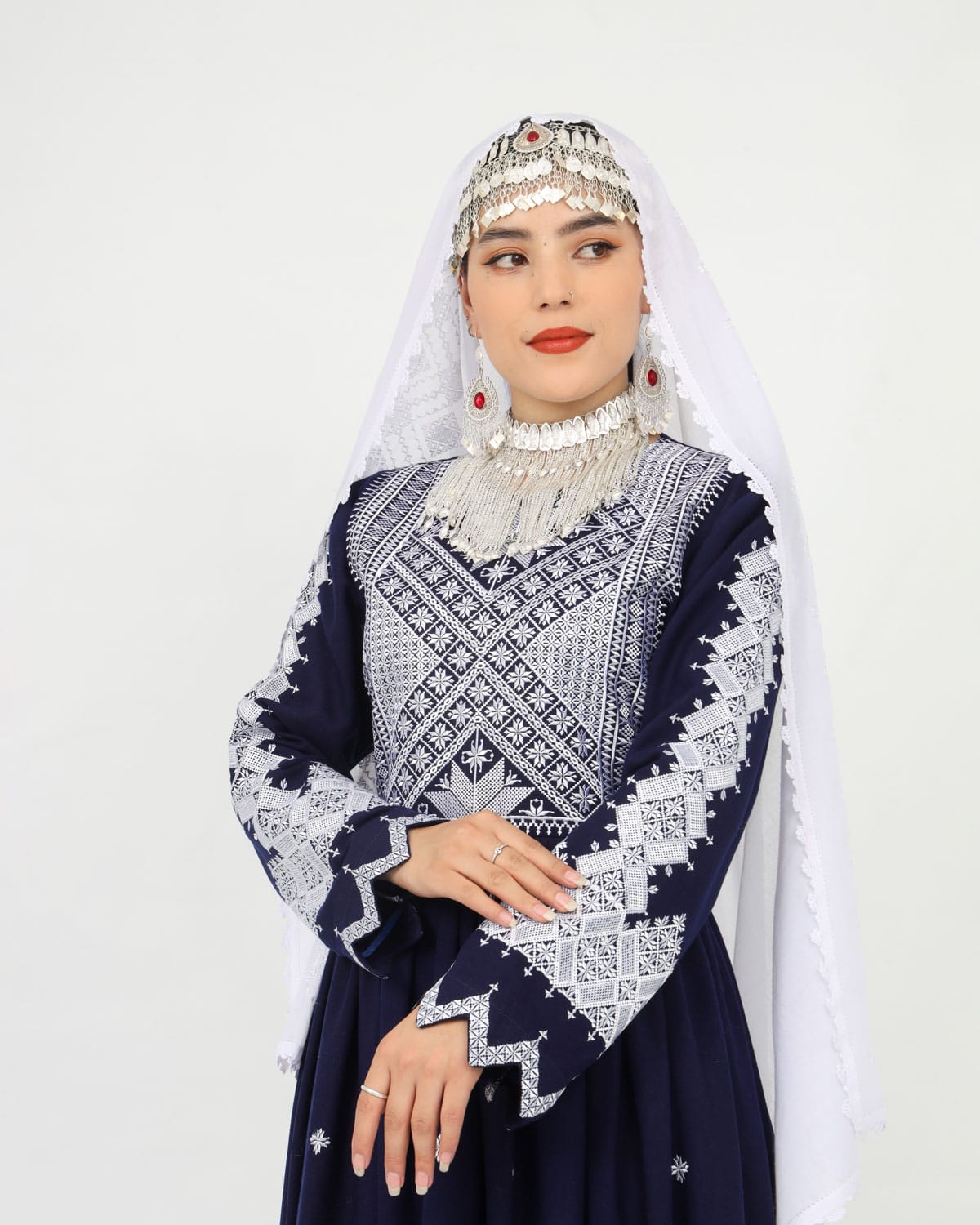 Hazaragi Design Long Dress with Embroidered Shawl – Deep Navy