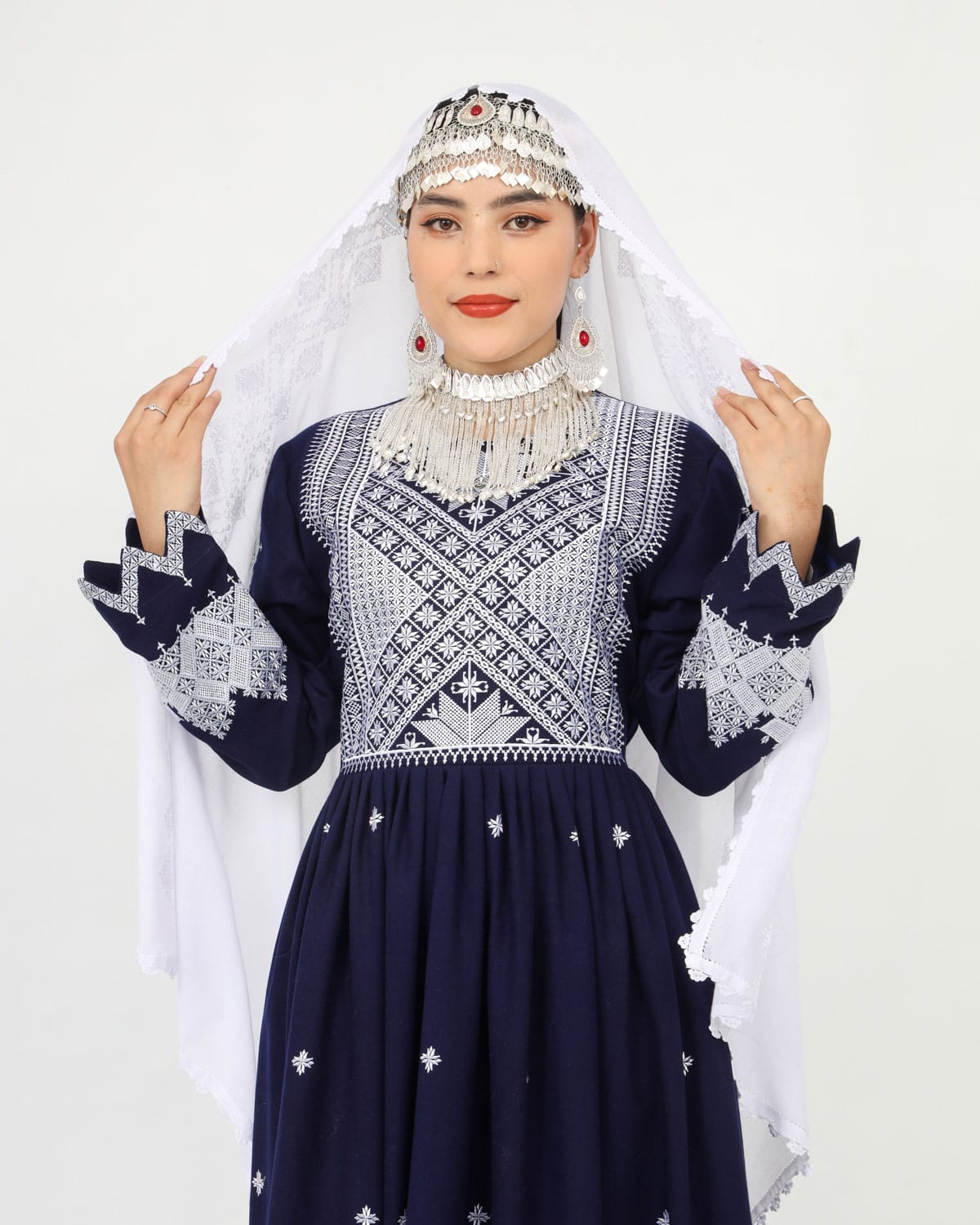 Hazaragi Design Long Dress with Embroidered Shawl – Deep Navy