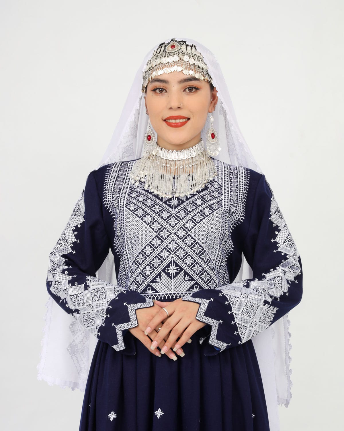 Hazaragi Design Long Dress with Embroidered Shawl – Deep Navy
