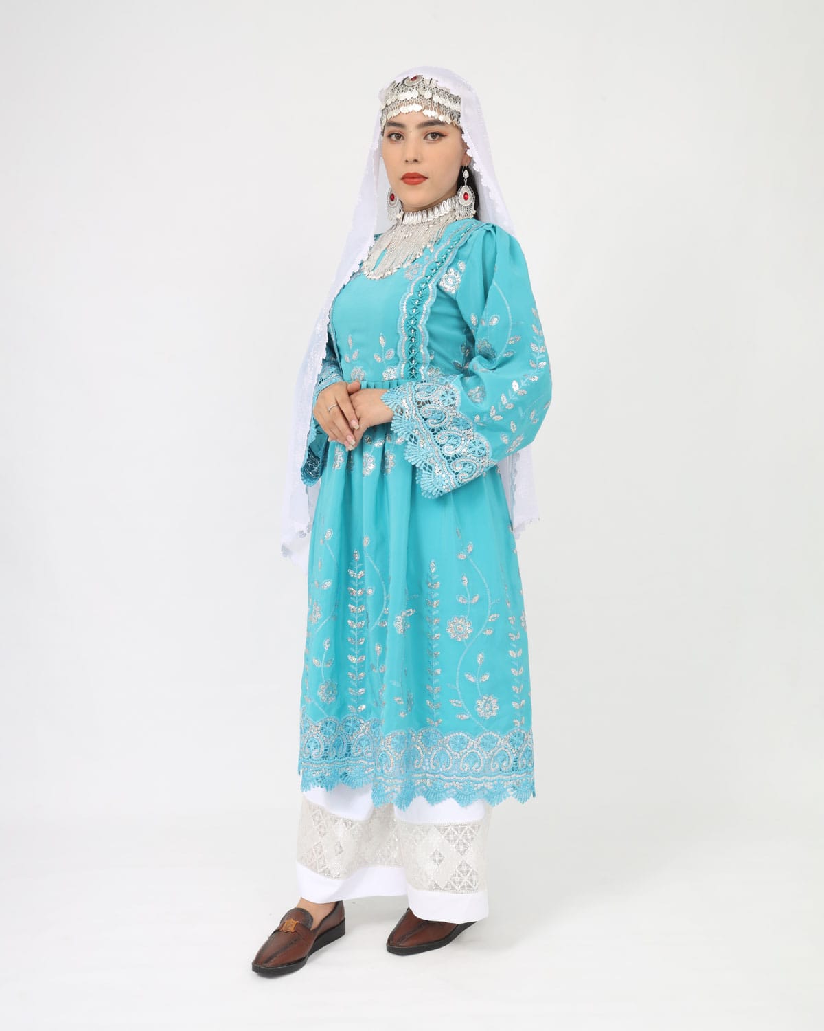 New Design Hazaragi Dress with Hand-Embroidered Shawl & Pants – Light Blue Crepe
